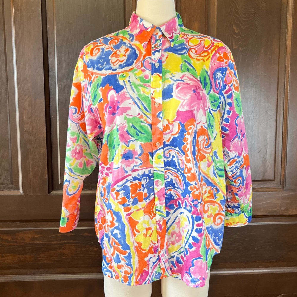 Lauren Ralph Lauren Watercolor Floral Top Size XL Bright 3/4 Sleeve Lightweight